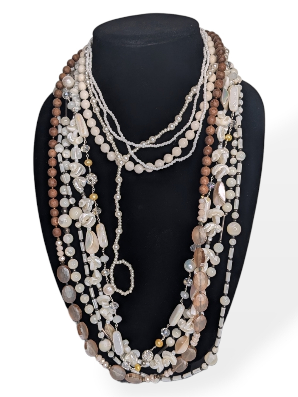 Necklace Bundle Lot Coral Ivory Bead Layered Shell Pearl Wood Stones Vintage EUC
